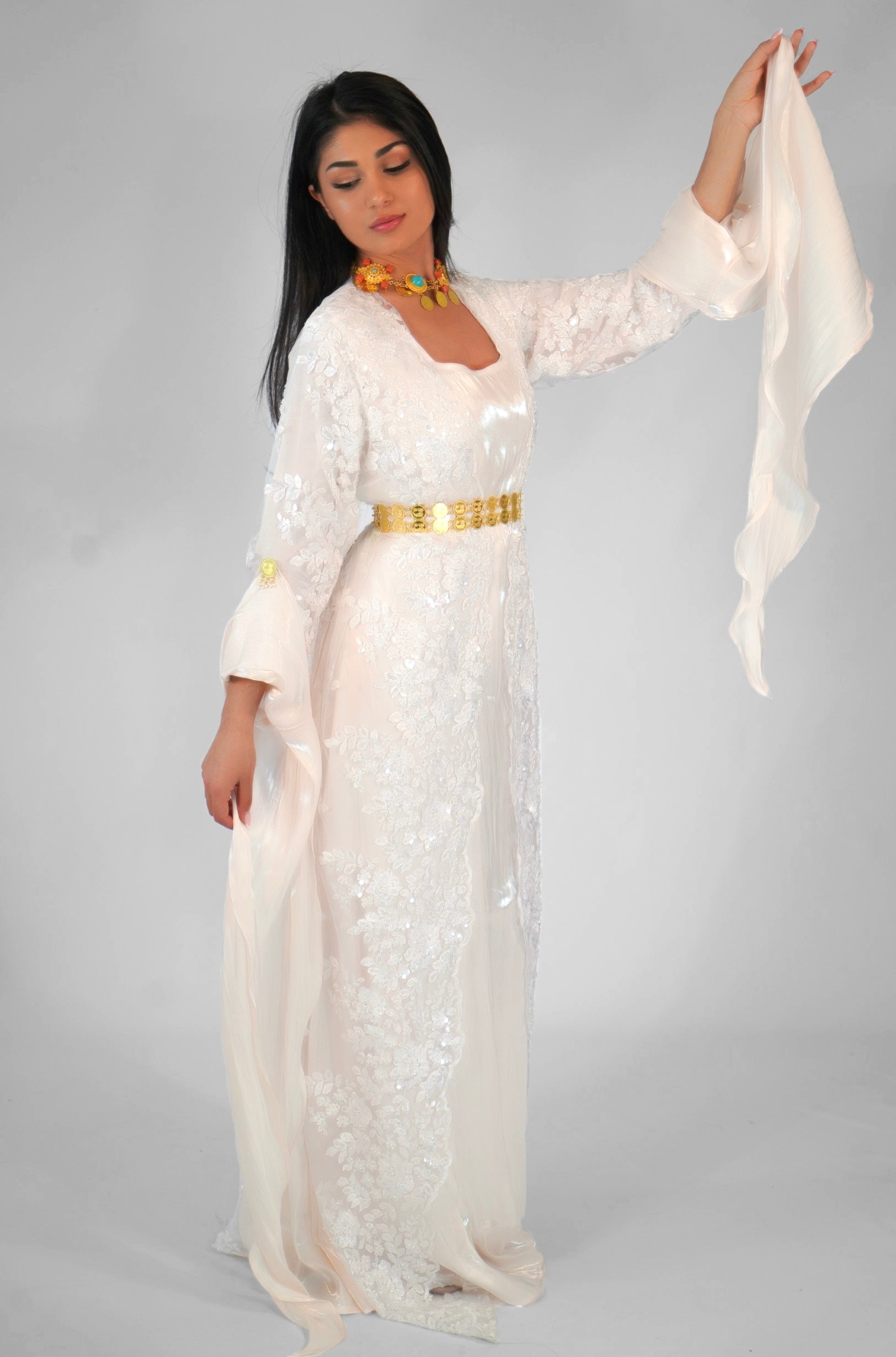 Dilber White Kurdish Bridal Dress 3 Piece Wedding Set Elegant Dilber White Kurdish Bridal Dress 3 Piece Wedding Set Elegant