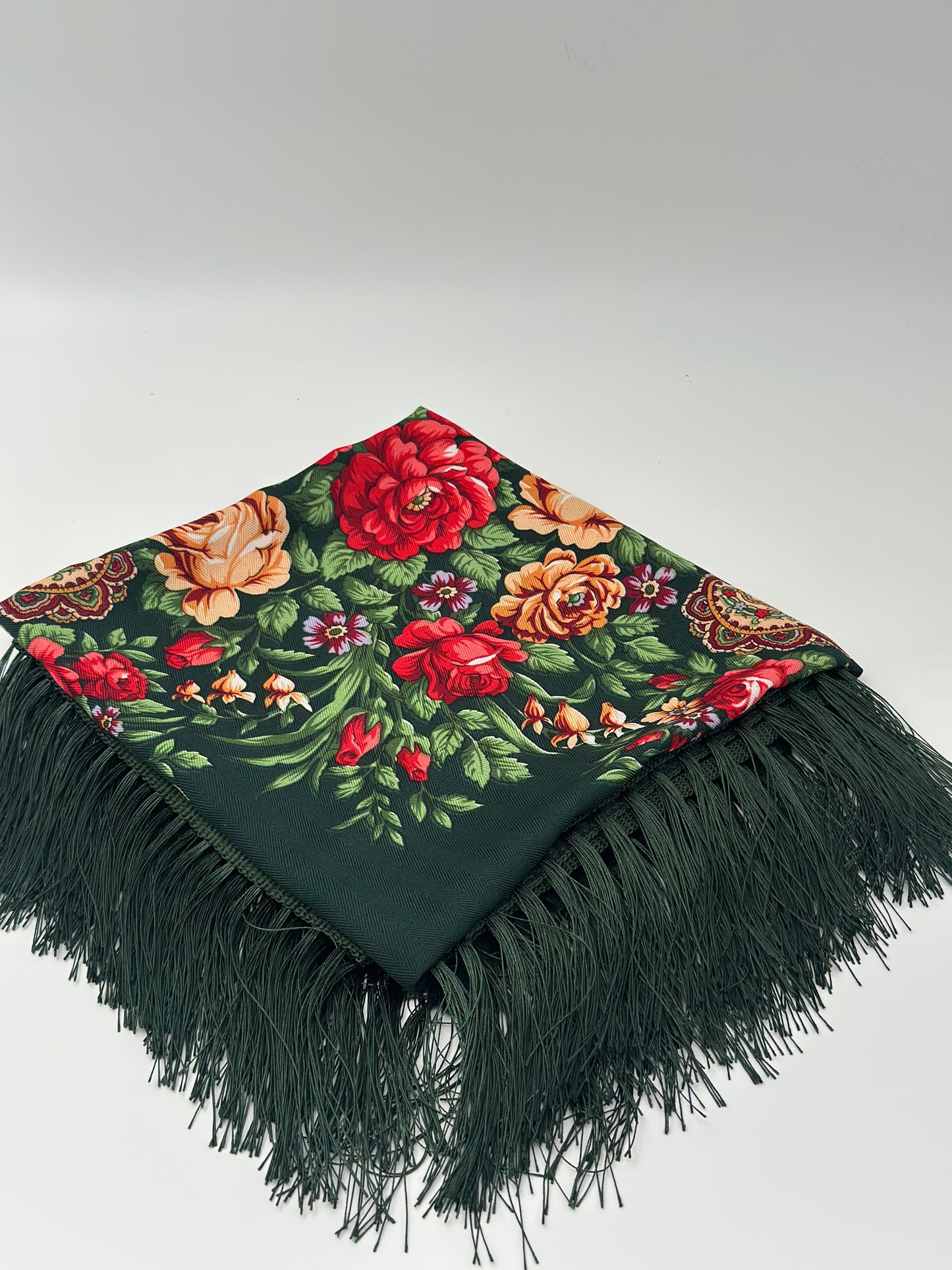 Elegant Dark Green Floral Scarf | 110x110 cm | Luxurious Soft Touch with Tassels