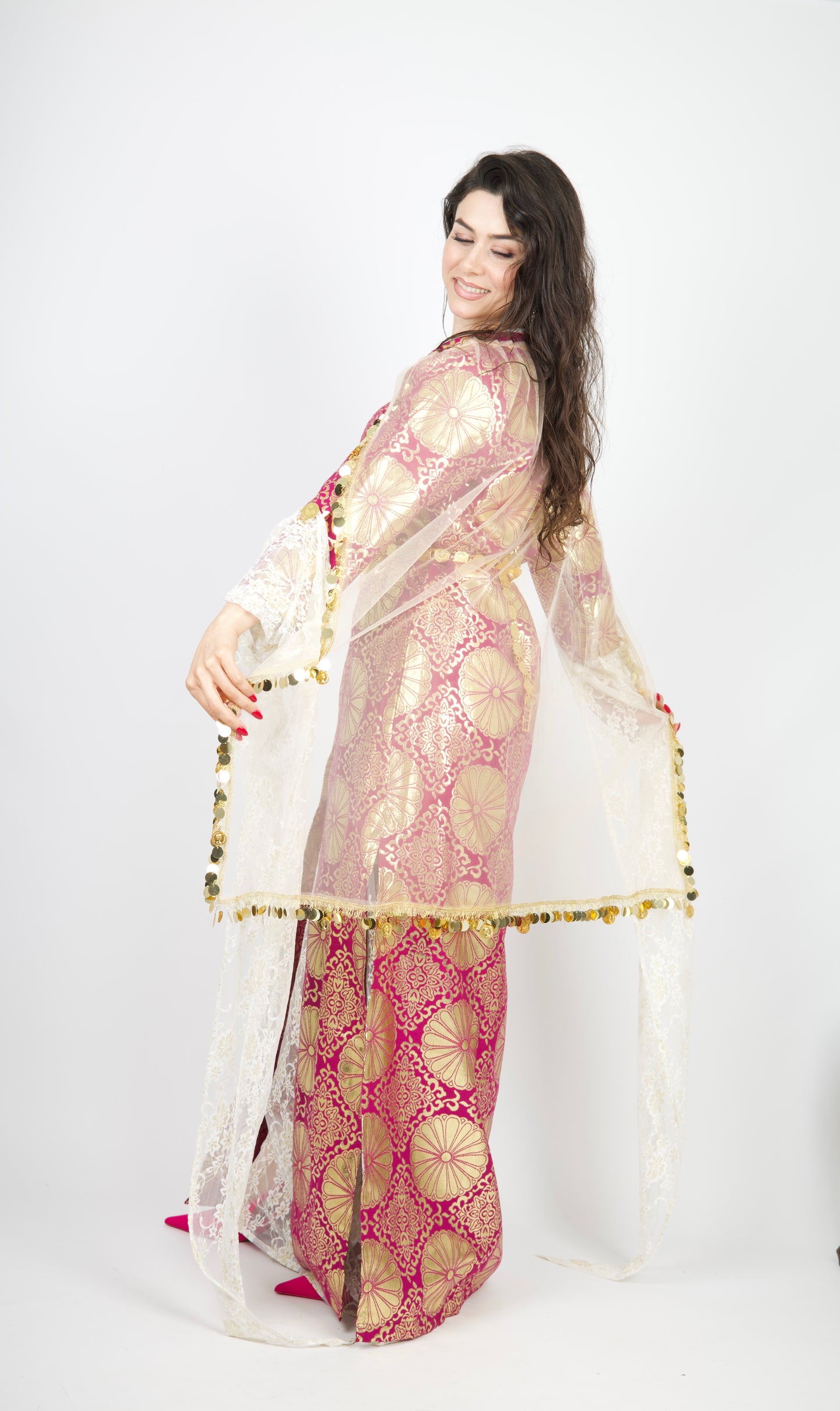 l💕Hafse Xan Collection – 4-Piece Kurdish Dress Set (Golden, Maroon with Off-White)