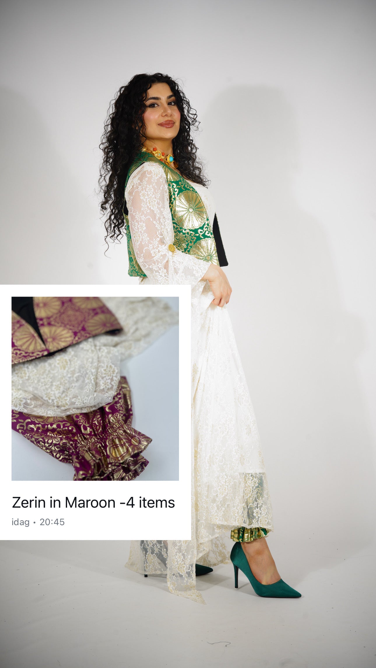 🩷 Zerin Collection – 5-Piece Kurdish Dress Set (Golden, Maroon Off-White)