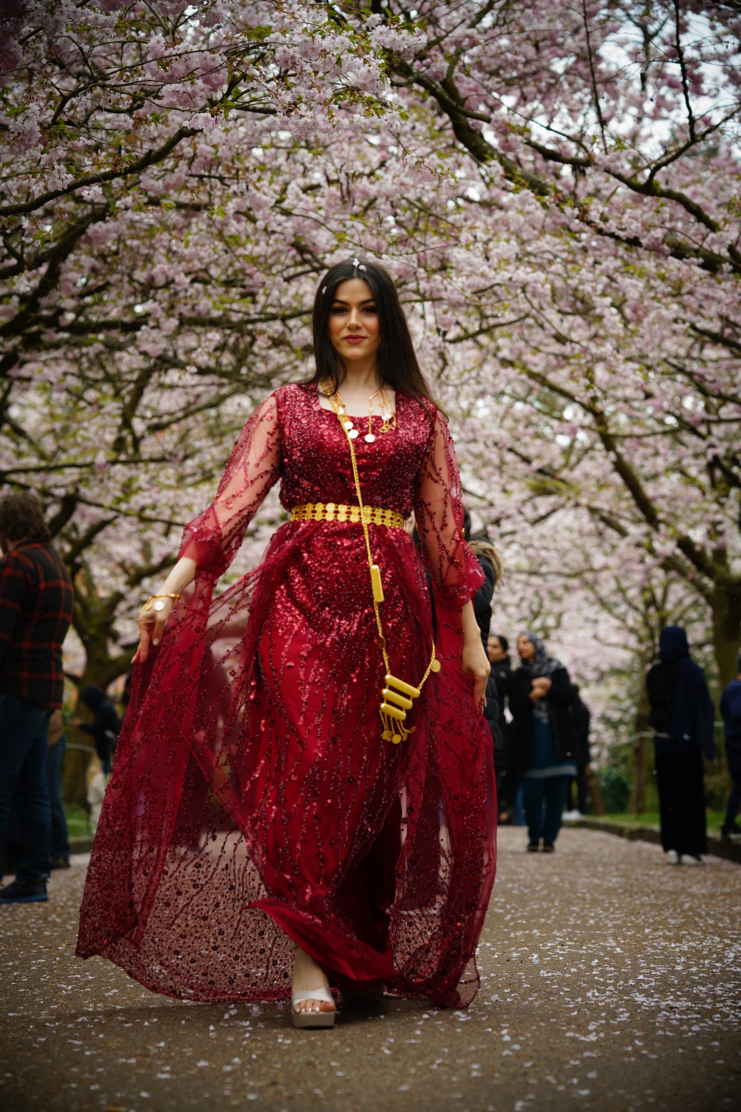 Red Wine Crystal Kurdish Dress Hanna night complete set including belt and Hanna scarf