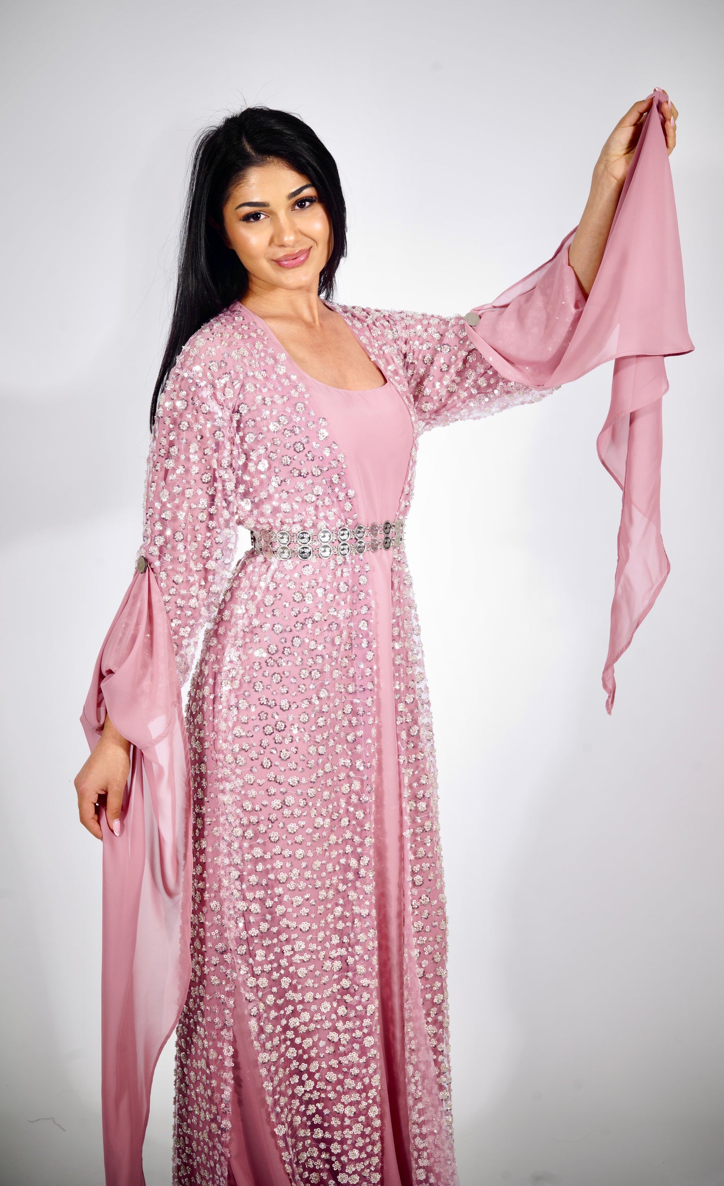 🌸 Hanî – 3-Piece Dusty Pink Kurdish Dress with Heavy Silver Crystal Embroidery including Arm pins shamaran Silver
