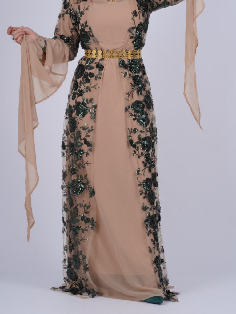 Dildar Collection Kurdish Dress Dark Green and Nude