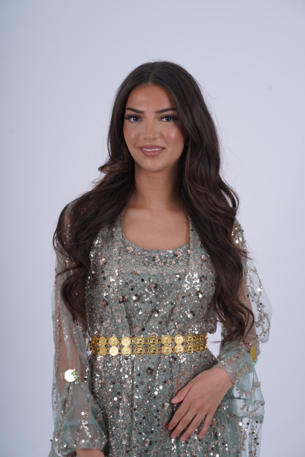 Newroz Mint Green Luxury Kurdish Dress – Elegant Traditional Dress Including Belt and Arm pins