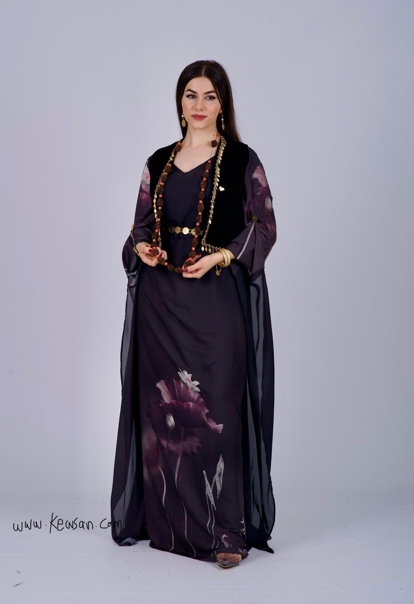 Black Satin Kurdish Dress with Velvet Hêlak and Gobarok Chain 4 items