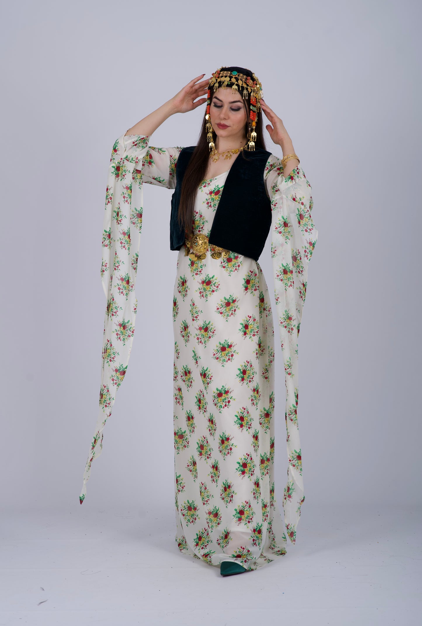 Shal Laki Kurdish Dress Set –  with Dark Green vest and White Cotton Underwear