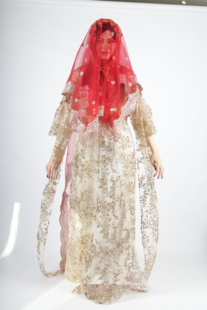 Shkofa Collection – Gold Sequin Embroidered Kras & Kawa and red long veil