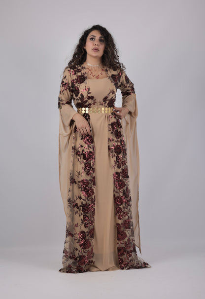 Dildar Kurdish Dress – Badini Style in Shiny Red Wine Sequins
