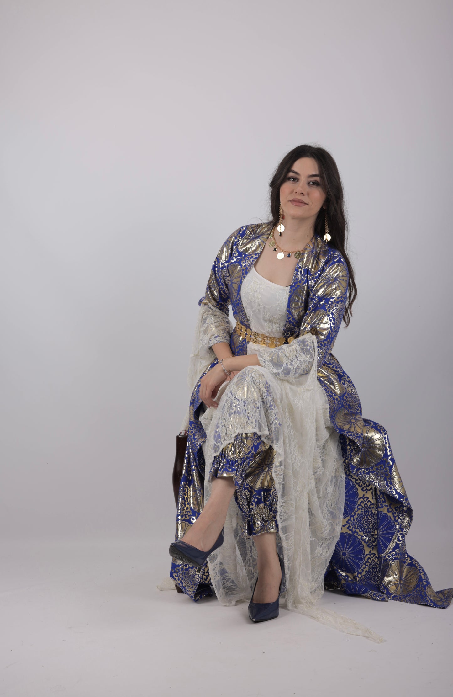 💙Hafse Xan Collection – 4-Piece Kurdish Dress Set (Golden, Carbon Blue Off-White)