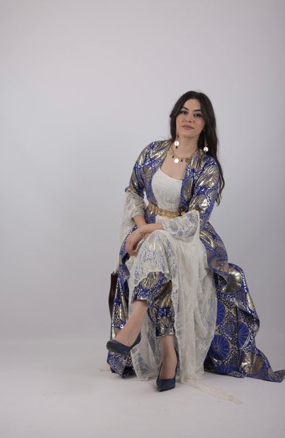 💙Hafse Xan Collection – 4-Piece Kurdish Dress Set (Golden, Carbon Blue Off-White)