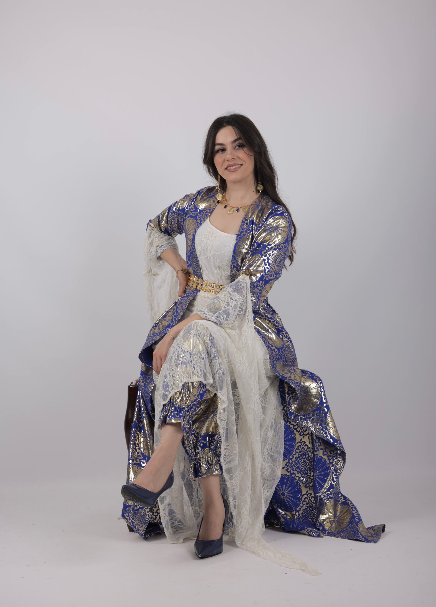 💙Hafse Xan Collection – 4-Piece Kurdish Dress Set (Golden, Carbon Blue Off-White)