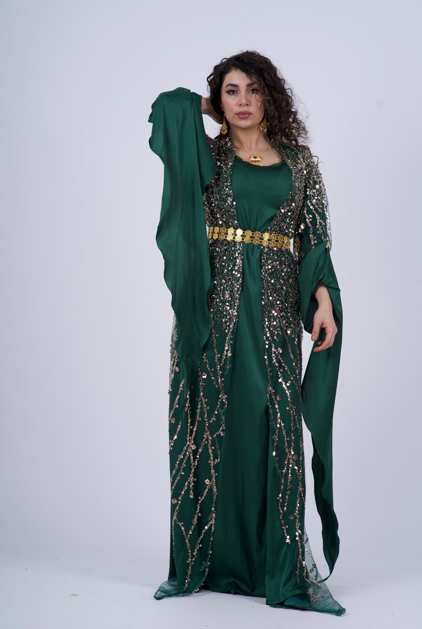 Elegant Green Kurdish Dress – Golden & Crystal Embroidery | Perfect for Newroz & Henna Nights