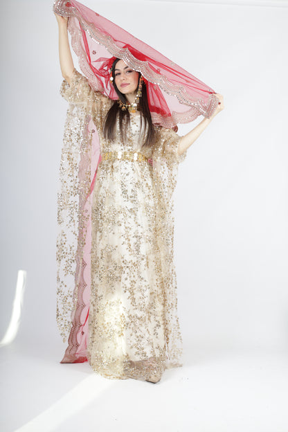 Shkofa Collection – Gold Sequin Embroidered Kras & Kawa and red long veil
