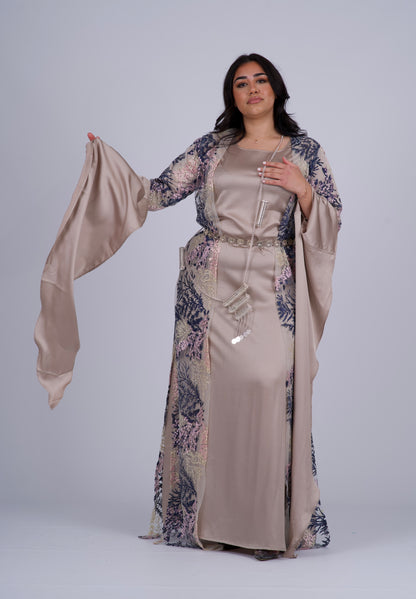 Baxan Collection Beige – Elegant Mesh Embroidered Kurdish Dress with Satin Silk Kiras