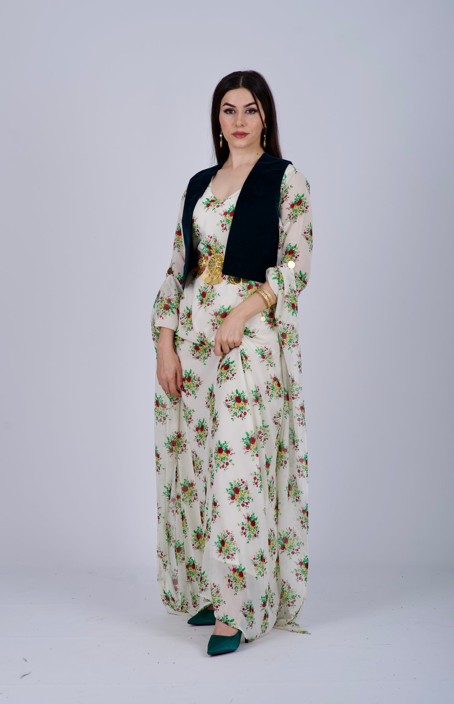 Shal Laki Kurdish Dress Set –  with Dark Green vest and White Cotton Underwear