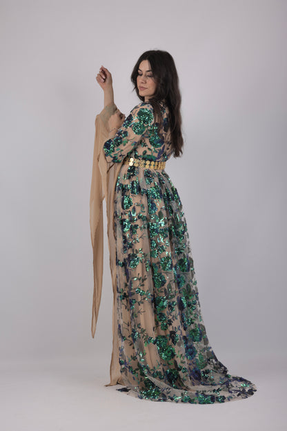 Dildar Kurdish Dress – Badini Style in Green Blue Sequins