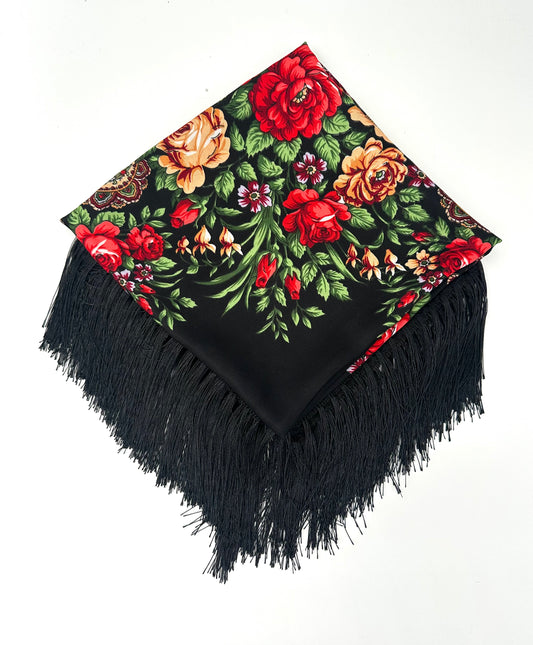Klassischer schwarzer Blumenschal | 110 x 110 cm | Luxuriöser, weicher Griff mit Quasten