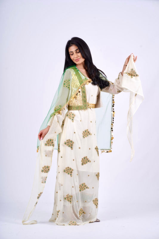 Bahar – Timeless Kurdish Dress with Off-White, Golden &amp; Green Elegance