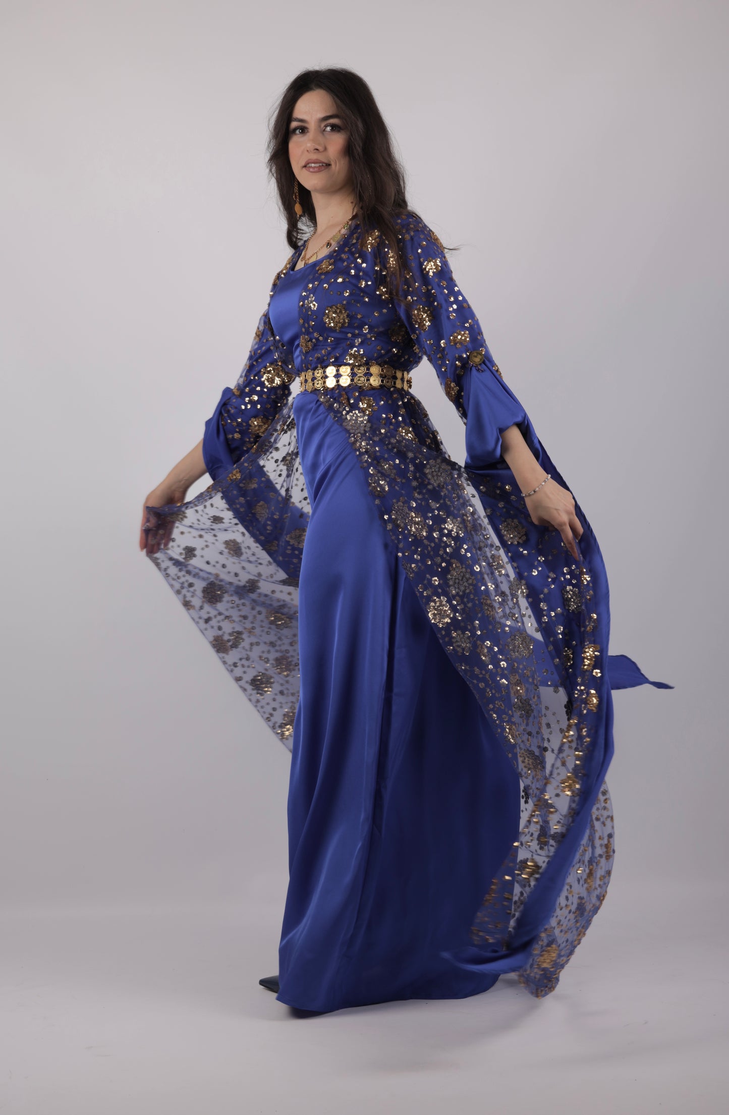 Chro Collection – Badini Model, Carbon Blue Kurdish Dress with Golden Flowers ( 2-Piece Set)