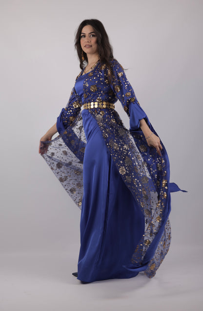 Chro Collection – Badini Model, Carbon Blue Kurdish Dress with Golden Flowers ( 2-Piece Set)