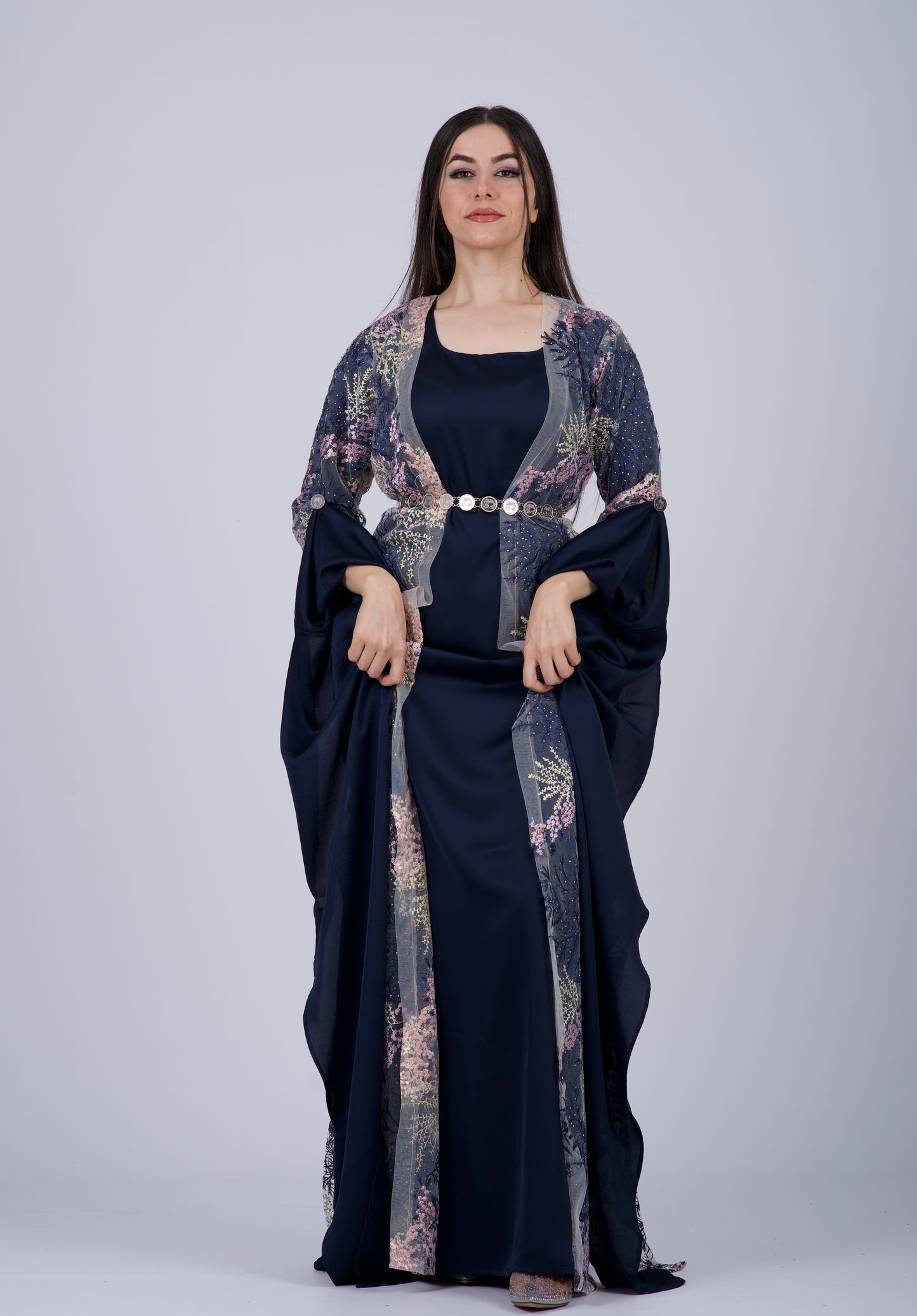 Baxan Collection Navy blue – Elegant Mesh Embroidered Kurdish Dress with Satin Silk Kiras