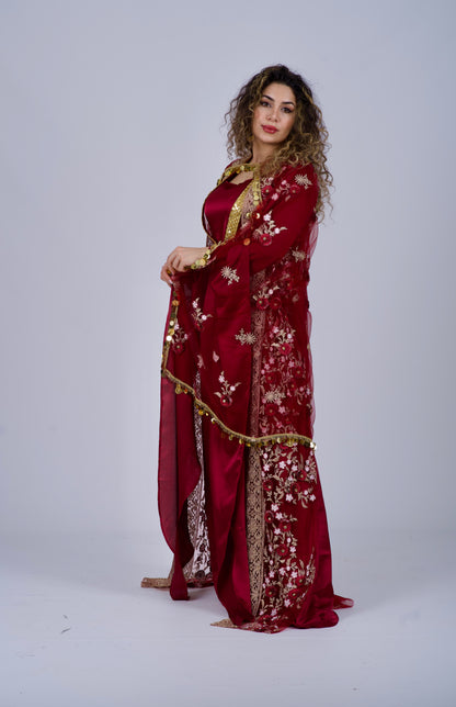 Xezal Collection – 4-Piece Kurdish Dress Set in Burgundy Red Wine