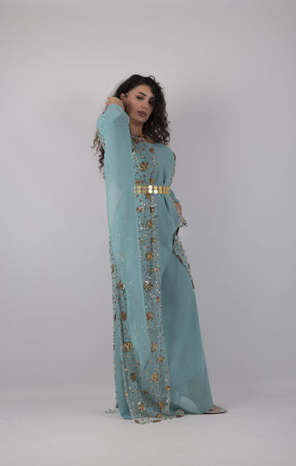 Chro Collection – Sky Blue Kurdish Dress with Golden Sequin Flowers ( 3 items)