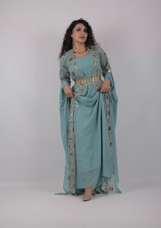 Chro Collection – Sky Blue Kurdish Dress with Golden Sequin Flowers ( 3 items)