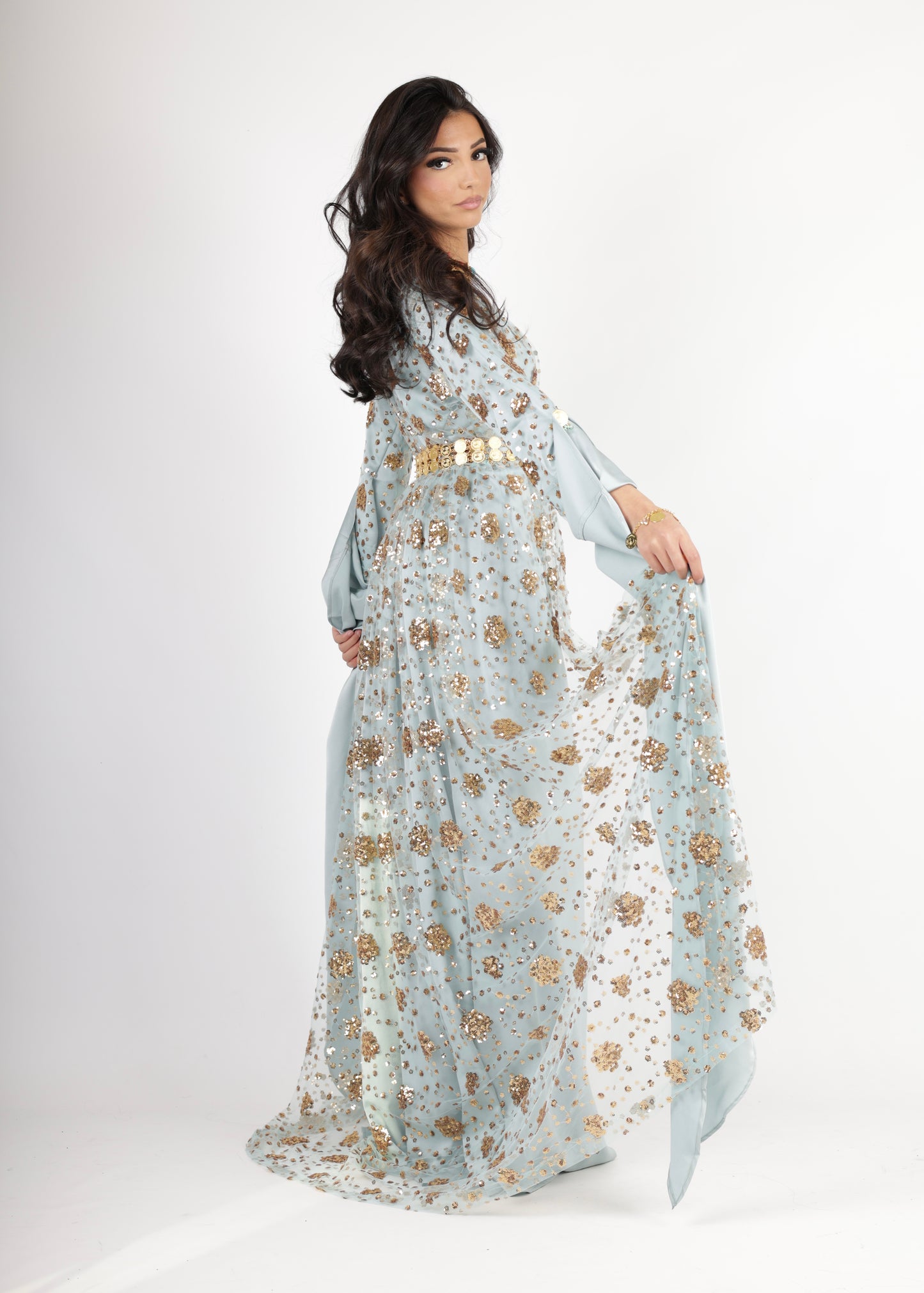 Chro Collection Badini Model – Blue Kurdish Dress with Golden Flowers (2-Piece Set)