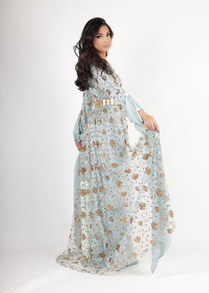 Chro Collection Badini Model – Blue Kurdish Dress with Golden Flowers (2-Piece Set)