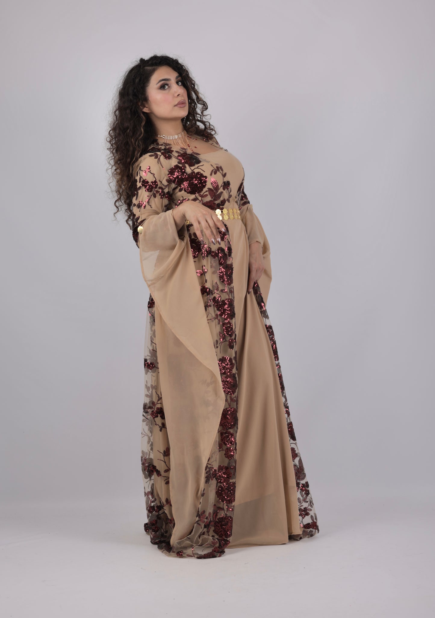 Dildar Kurdish Dress – Badini Style in Shiny Red Wine Sequins