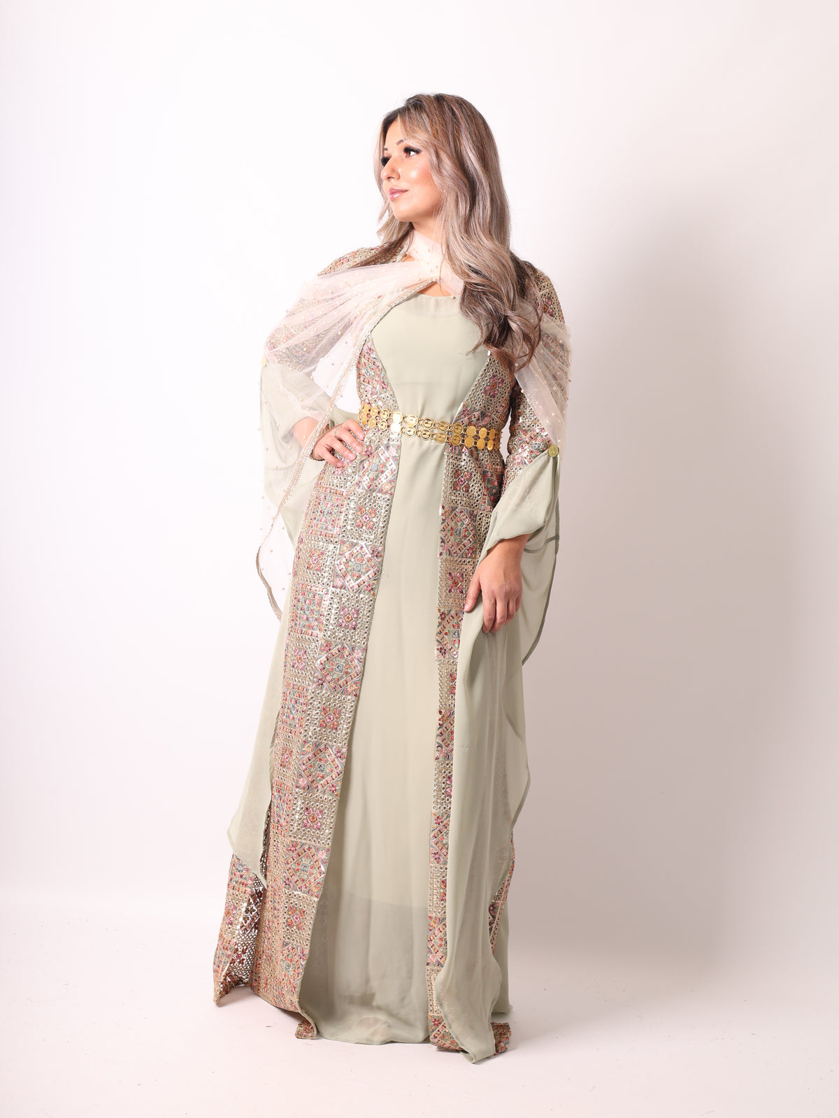 Cudi/Judi Kurdish Dress Green – Luxury Embroidered 4 -Piece Set Mint green including Dasmal