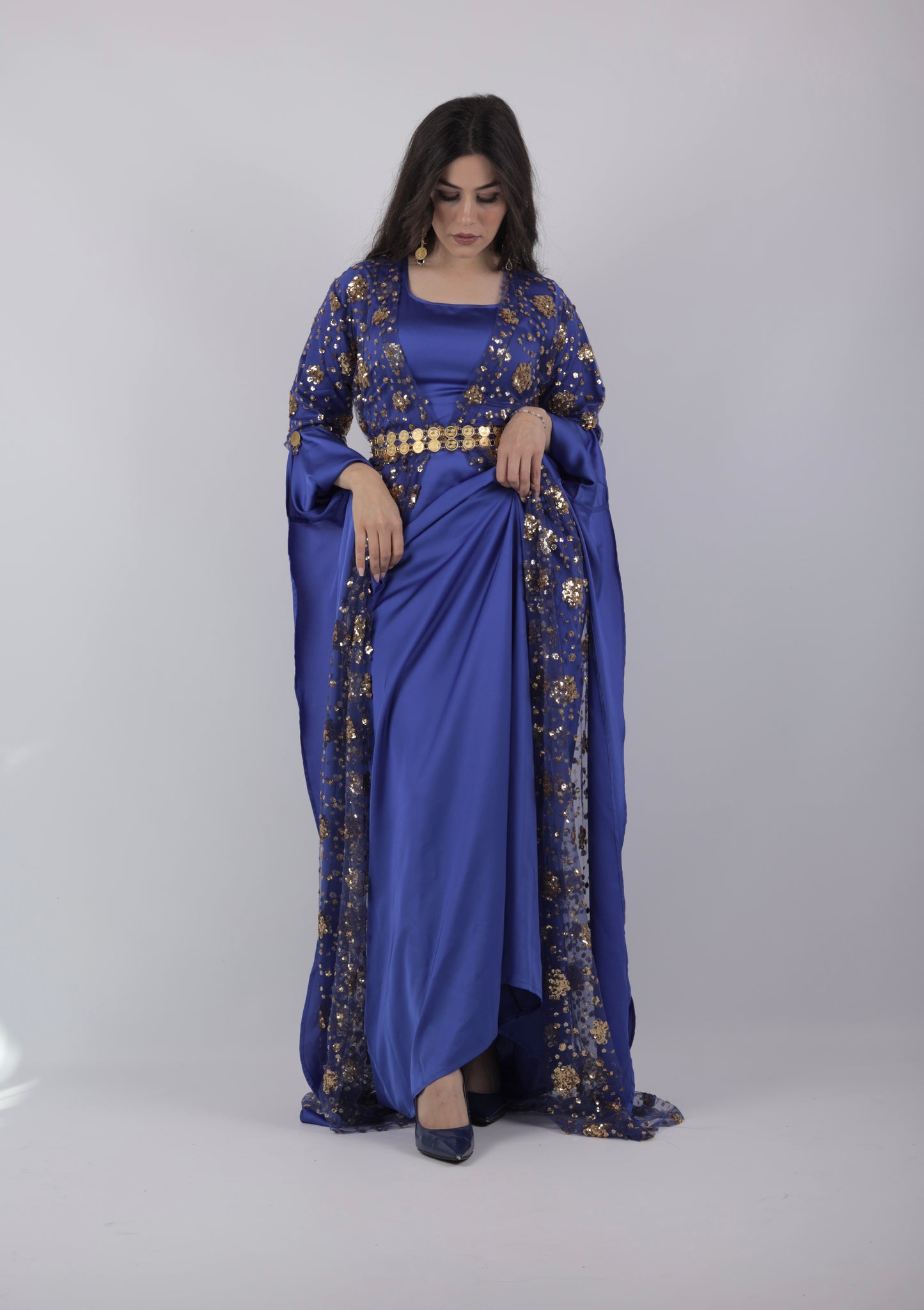 Chro Collection – Badini Model, Carbon Blue Kurdish Dress with Golden Flowers ( 2-Piece Set)
