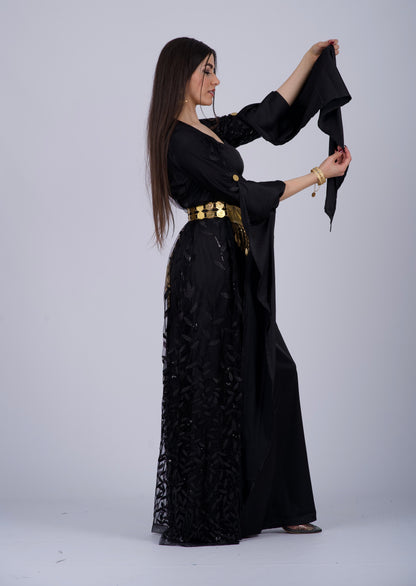 Elegant Black Kurdish Dress – Mesh Embroidered with Black Sequins