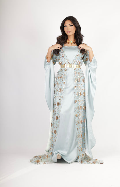 Chro Collection Badini Model – Blue Kurdish Dress with Golden Flowers (2-Piece Set)