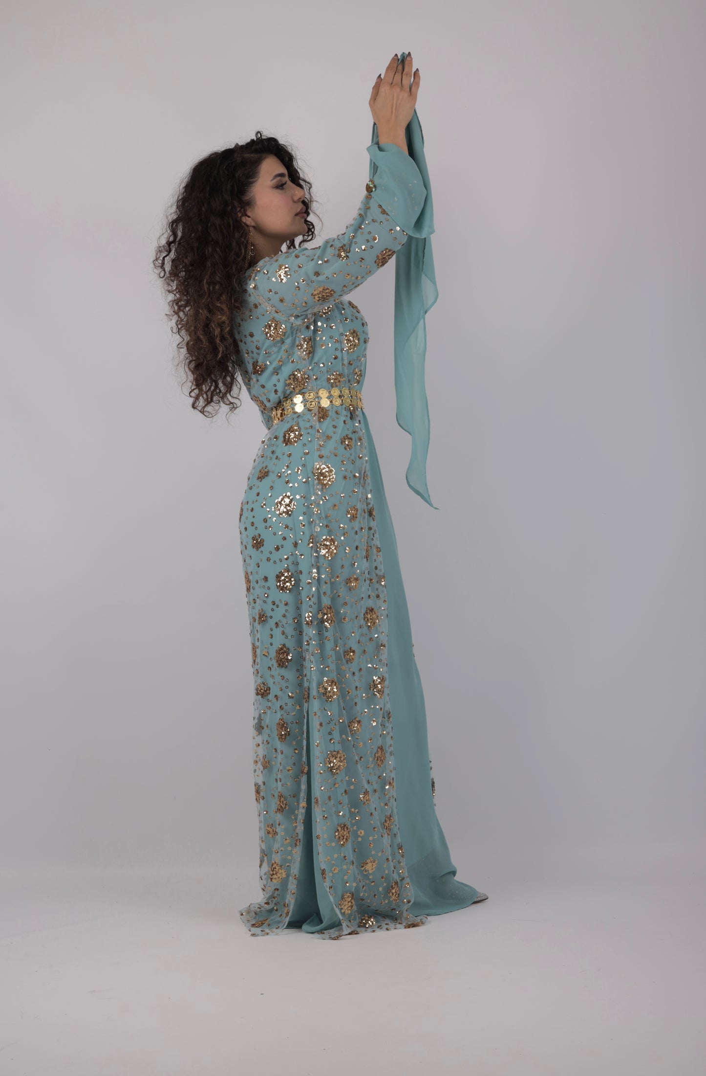 Chro Collection – Sky Blue Kurdish Dress with Golden Sequin Flowers ( 3 items)