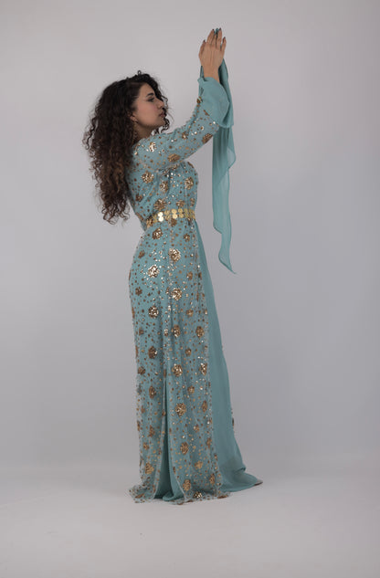 Chro Collection – Sky Blue Kurdish Dress with Golden Sequin Flowers ( 3 items)