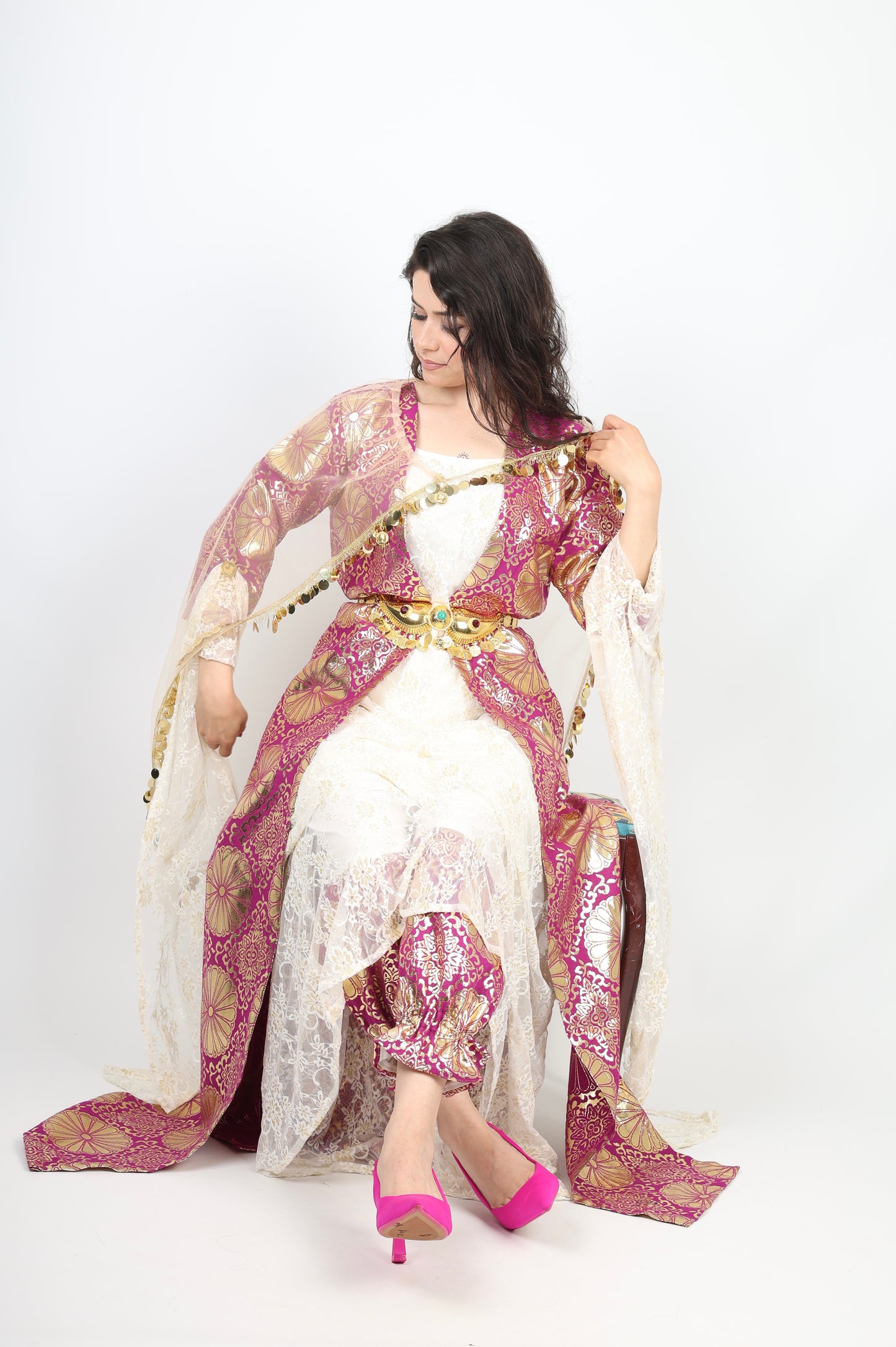 l💕Hafse Xan Collection – 4-Piece Kurdish Dress Set (Golden, Maroon with Off-White)