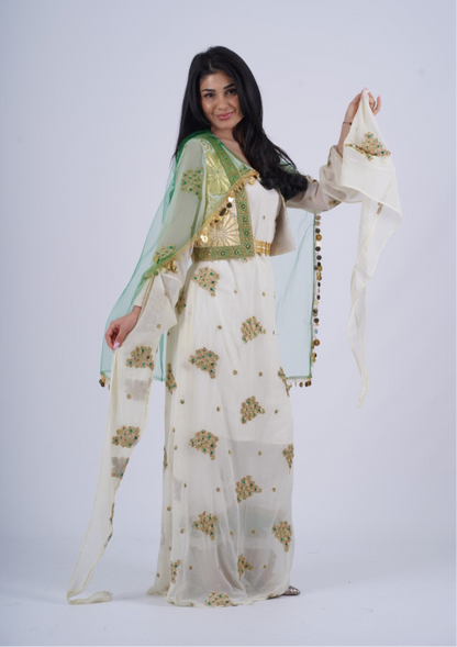 Bahar – Timeless Kurdish Dress with Off-White, Golden &amp; Green Elegance