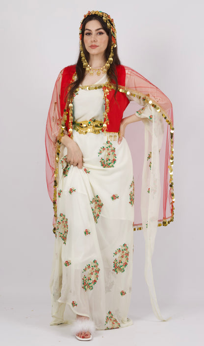 Soft chiffon kiras with delicate mango floral embroidery in red, green, and gold hues.