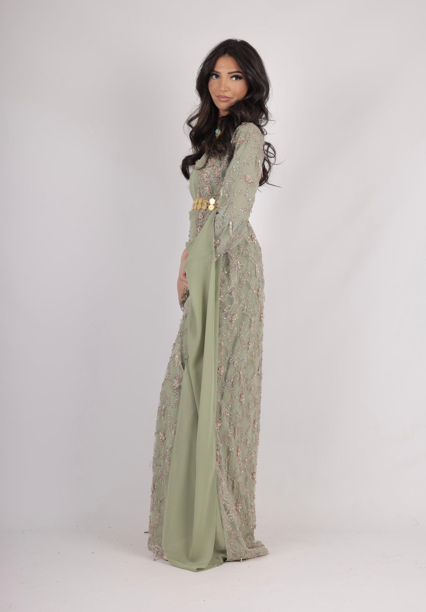 Awaz Kurdish Dress Light  Green  Golden  hand beaded