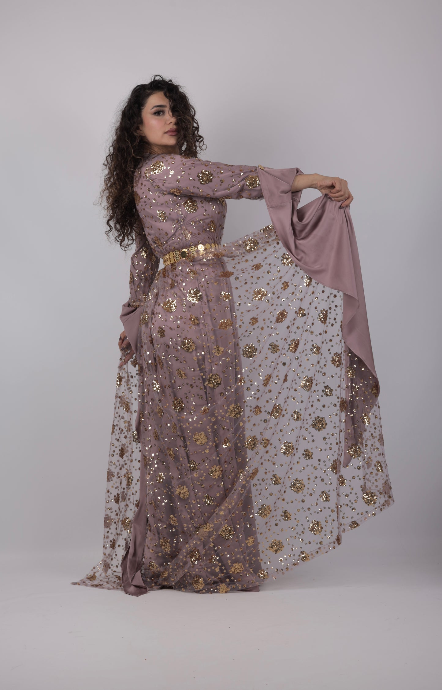 Chro Collection – Badini Design Lavender Kurdish Dress with Golden Flowers (Badini Design, 2-Piece Set)