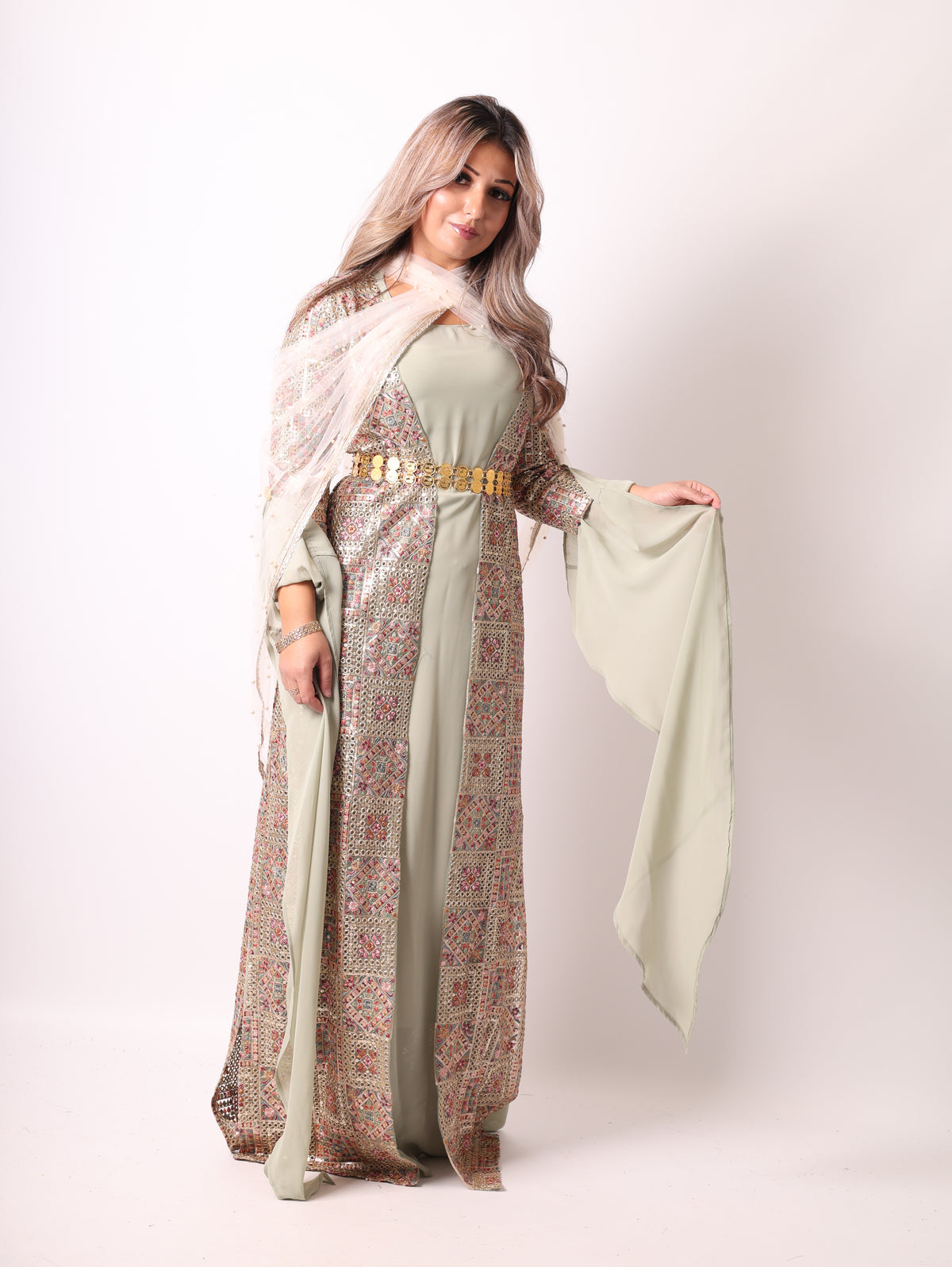 Cudi/Judi Kurdish Dress Green – Luxury Embroidered 4 -Piece Set Mint green including Dasmal