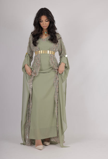 Awaz Kurdish Dress Light  Green  Golden  hand beaded