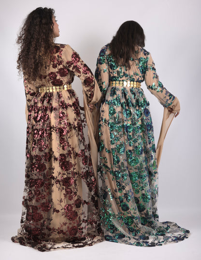 Dildar Kurdish Dress – Badini Style in Green Blue Sequins
