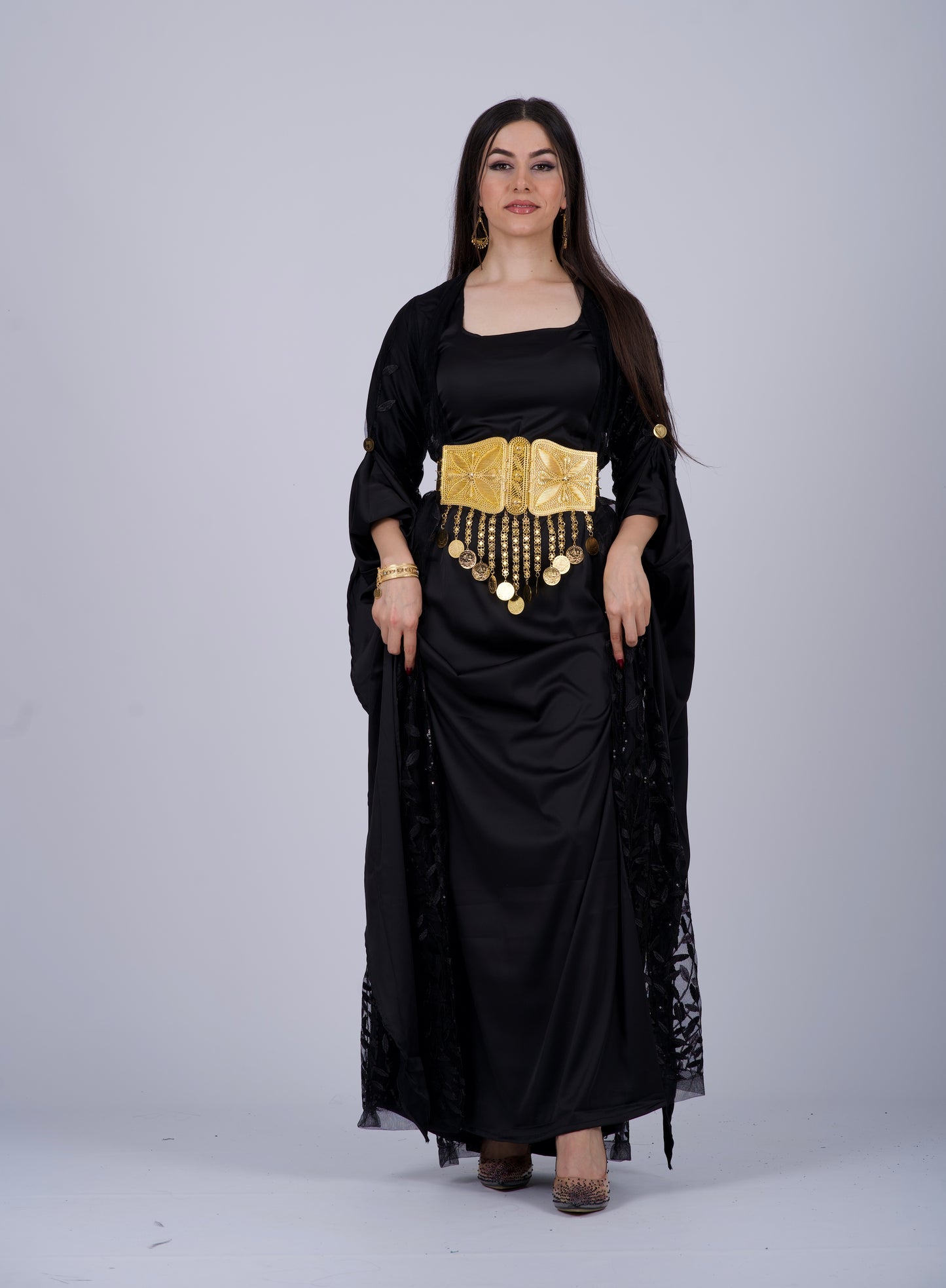 Elegant Black Kurdish Dress – Mesh Embroidered with Black Sequins