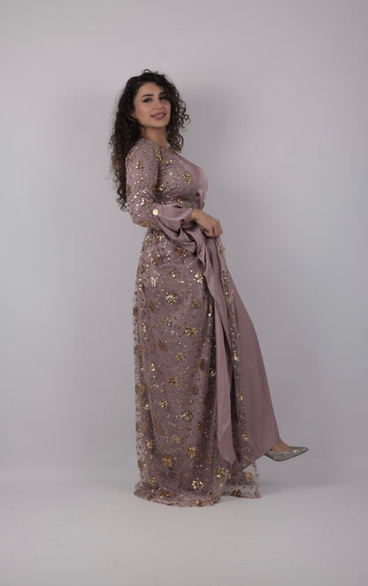 Chro Collection – Badini Design Lavender Kurdish Dress with Golden Flowers (Badini Design, 2-Piece Set)