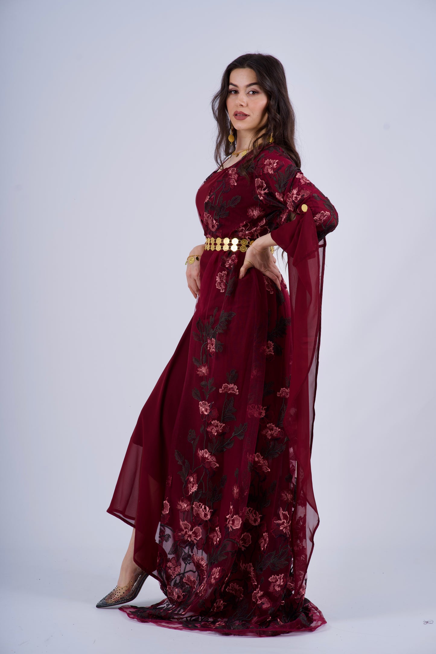 Badini KurdishDress– Burgundy with Dark Green Flowers