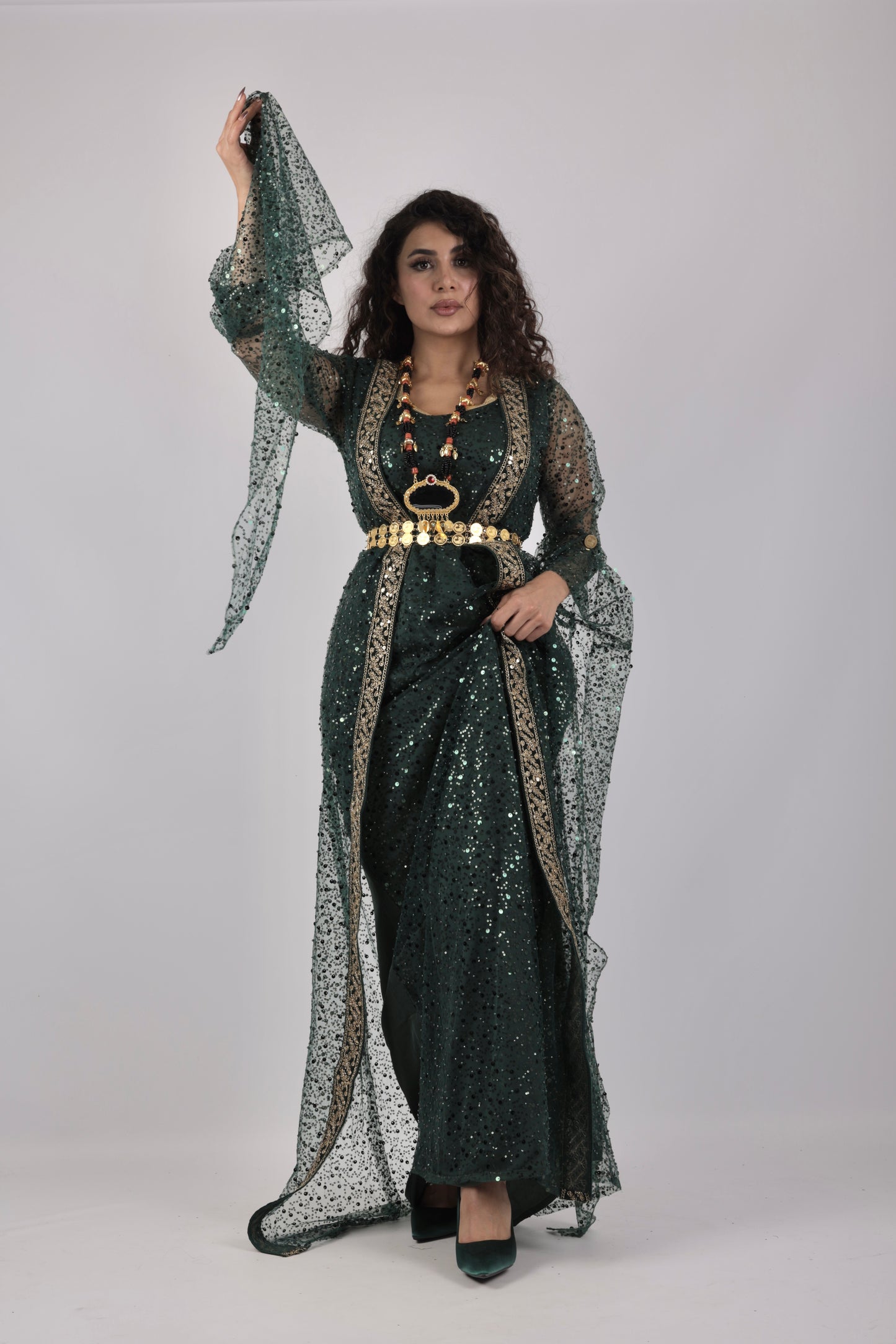 🌿 Dark Green Kurdish Kawa Dress with Embroidery (Includes Kras & Underdress