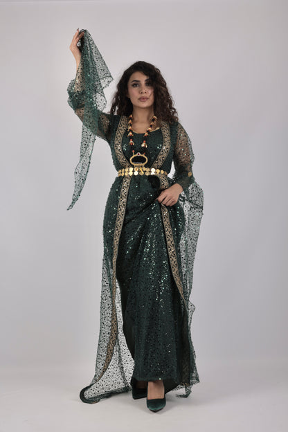 🌿 Dark Green Kurdish Kawa Dress with Embroidery (Includes Kras & Underdress